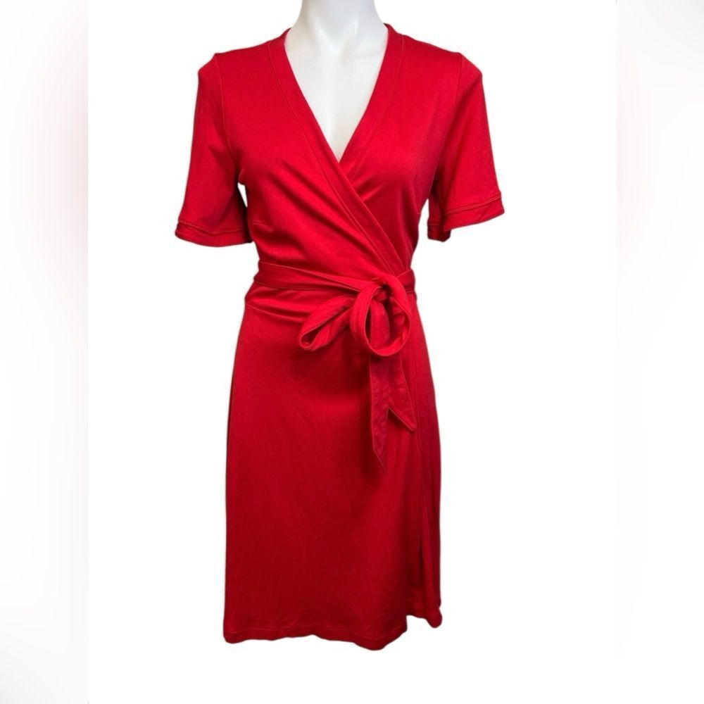Ann Taylor wrap dress size 10 red short sleeve knee length office career - Picture 2 of 5